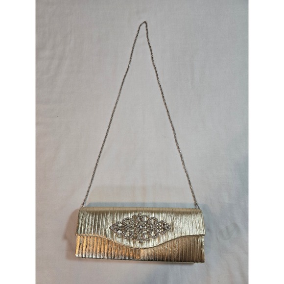 Raj Gold Metallic Pleated Clutch Evening Bag Rhinestone Embellished Chain Strap - Picture 6 of 9